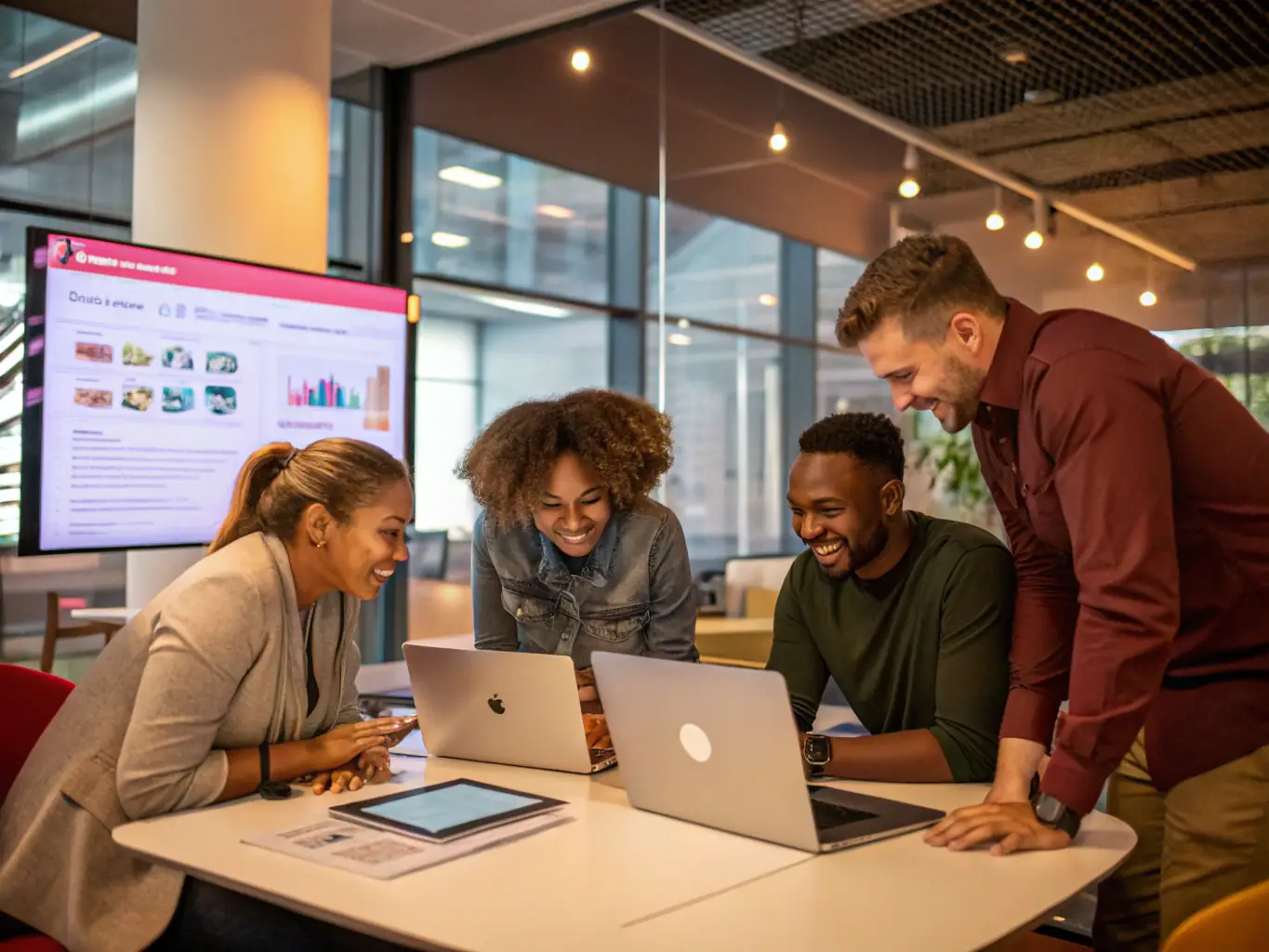 A digital illustration showcasing a diverse team of designers collaborating on a website interface, emphasizing the collaborative and customizable nature of PixEGen's white-label solutions.