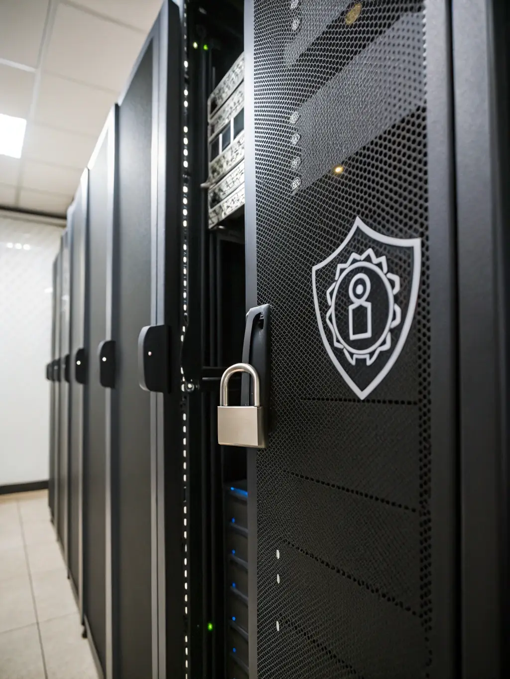 A server rack with a padlock icon superimposed, representing secure managed hosting.