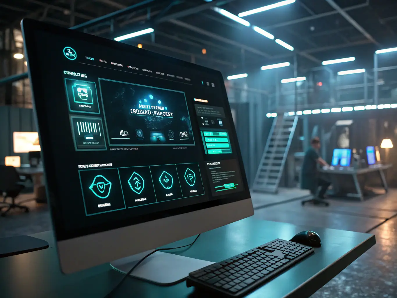 A sleek computer screen displaying a vibrant, modern website being generated by AI technology, showcasing the speed and efficiency of PixEGen's design process.