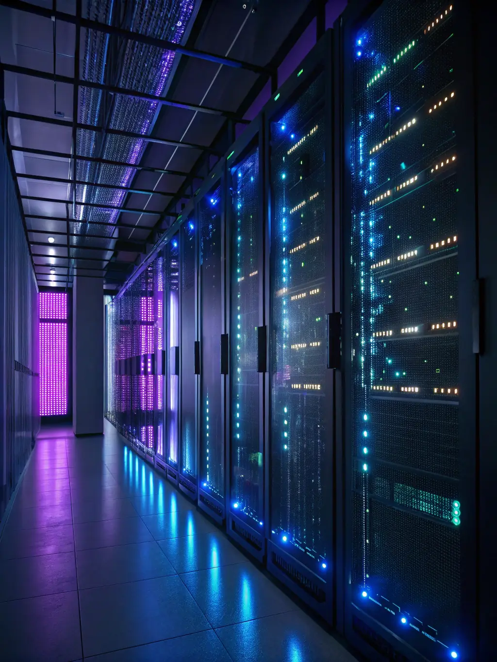 A high-tech server room with glowing lights and data streams, representing the reliable hosting infrastructure of PixEGen Solutions.